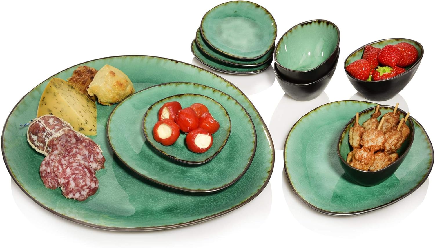 Sänger Servierplatten Palm Beach aus Porzellan 11er Set | Servierteller von groß bis klein | Inklusive 4 Dipschalen | Servier Set mit Reisslack Effekt bestehend aus Serviertellern und Schalen