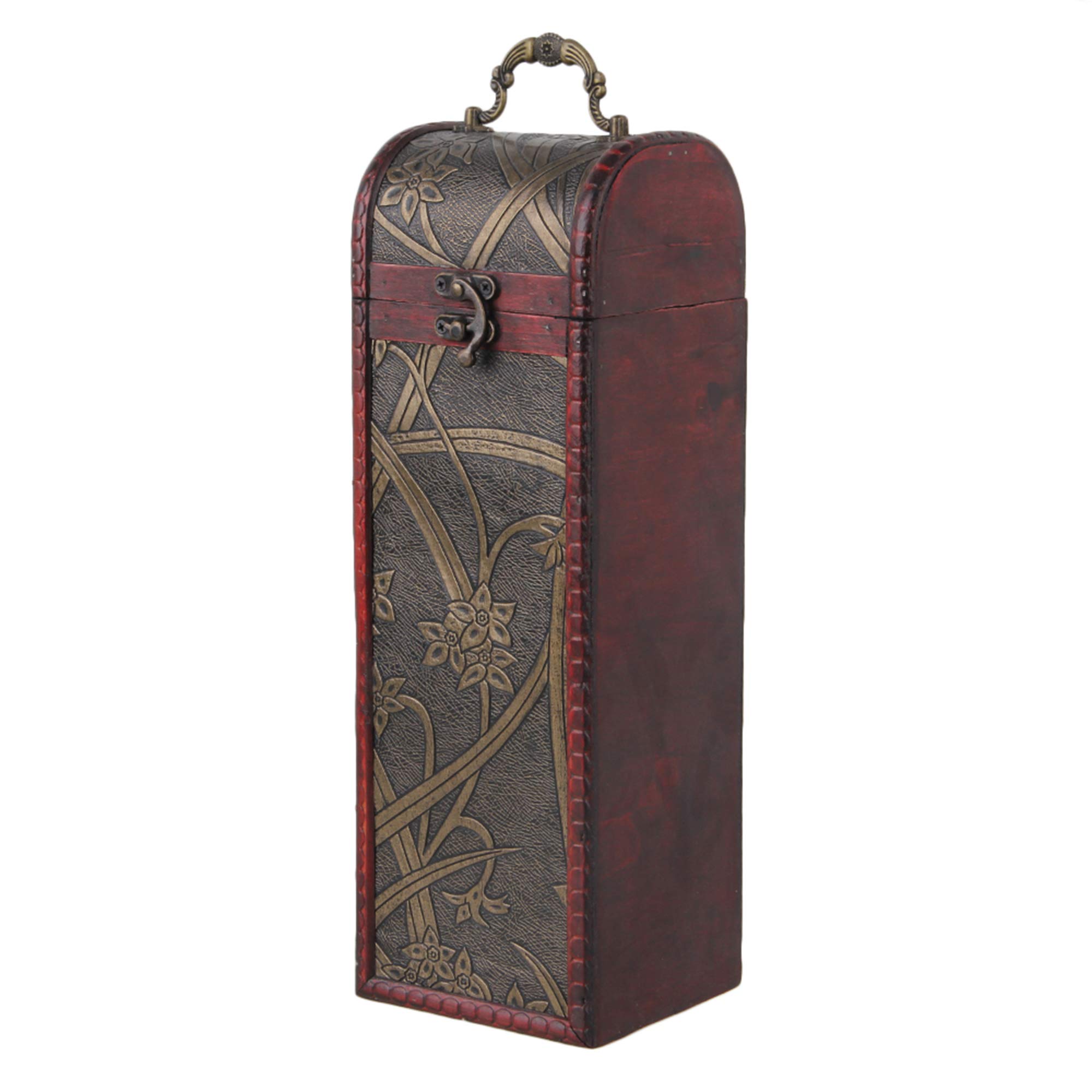 RDEXP Brown Red Wooden Vintage Rectangular Cylinder Gift Box Wine Bottle Box Storage Holder Daffodil Pattern