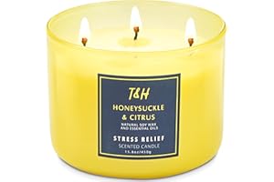 T&H Large 3-Wick Aromatherapy Scented Candles for Home - Honeysuckle Citrus Stress Relief Candle with Grapefruit & Mint - Natural Soy Candles Clean Burning - Relaxing Candle for Women & Men