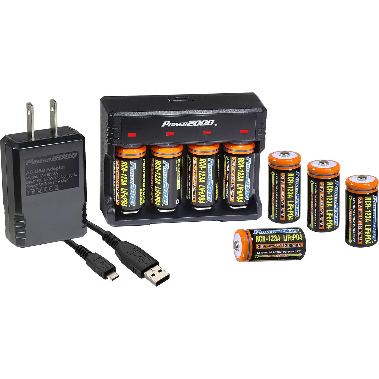 Power2000(パワー2000) CR-123A8 8個パック 充電式 CR-123A LiFePO4 バッテリー&充電器キット USBアダプター付き   B07BR96SBD