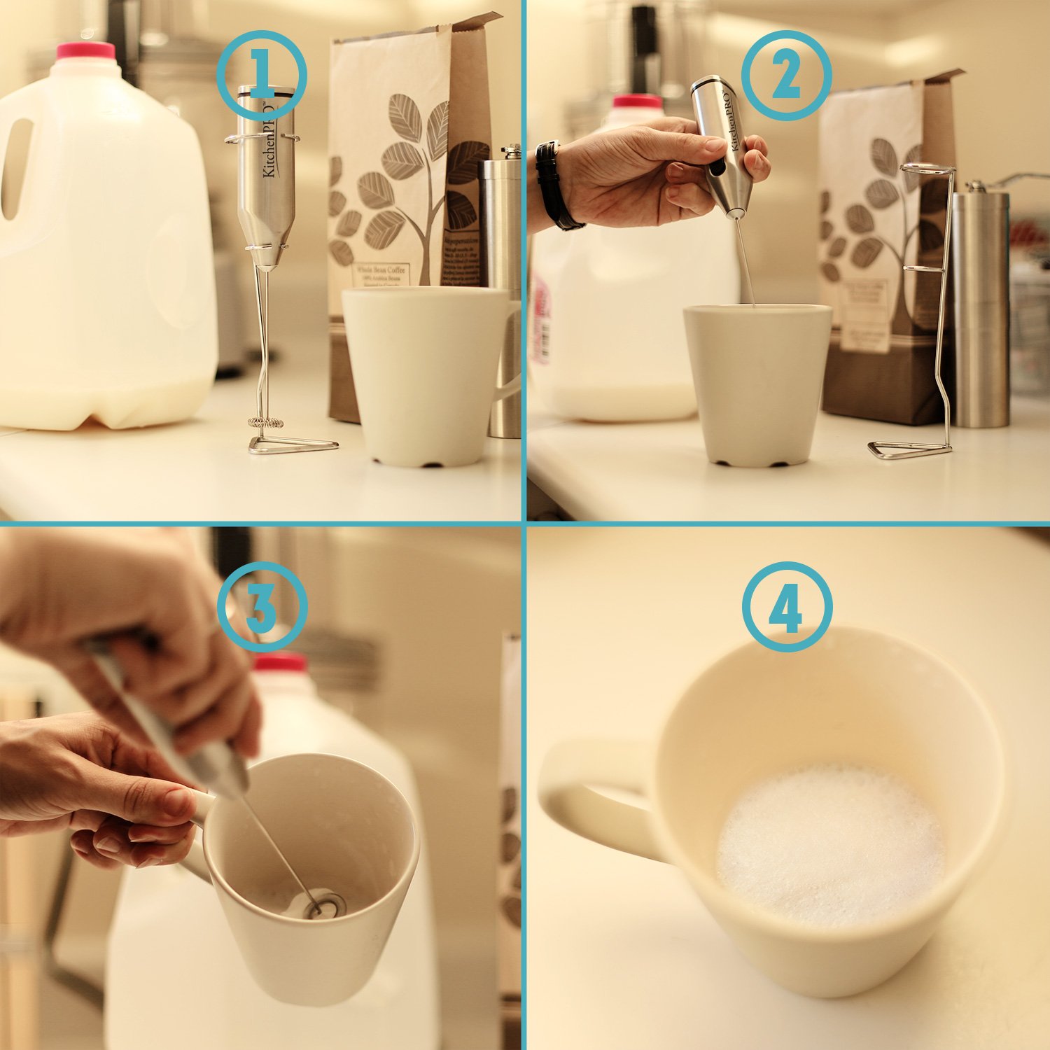 KitchenProP Super light handheld Milk/whisk frother with Stainless stand-Great Gift Idea for Cappuccino, Latte, Matcha Tea, Hot Chocolate, Butter coffee, Protein Shakes, Powder Drinks, Eggs (Grey)