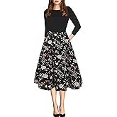 oxiuly Women's Vintage Patchwork Pockets Puffy Swing Casual Party Dress OX165