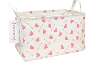 QUEENLALA Rectangular Laundry Hamper/Foldable Nursery Laundry Basket for Organizing/Storage Bin Baskets/Children Toy Office Bedroom/Toy Bin Closet Shelf Baskets（Rec-Pink-Heart Arrow）