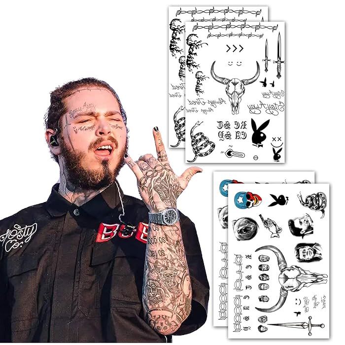 Buy Leoars 4 Sheets Post Malone Inspired Face Temporary Tattoos, Includes Face Neck Hands Arm