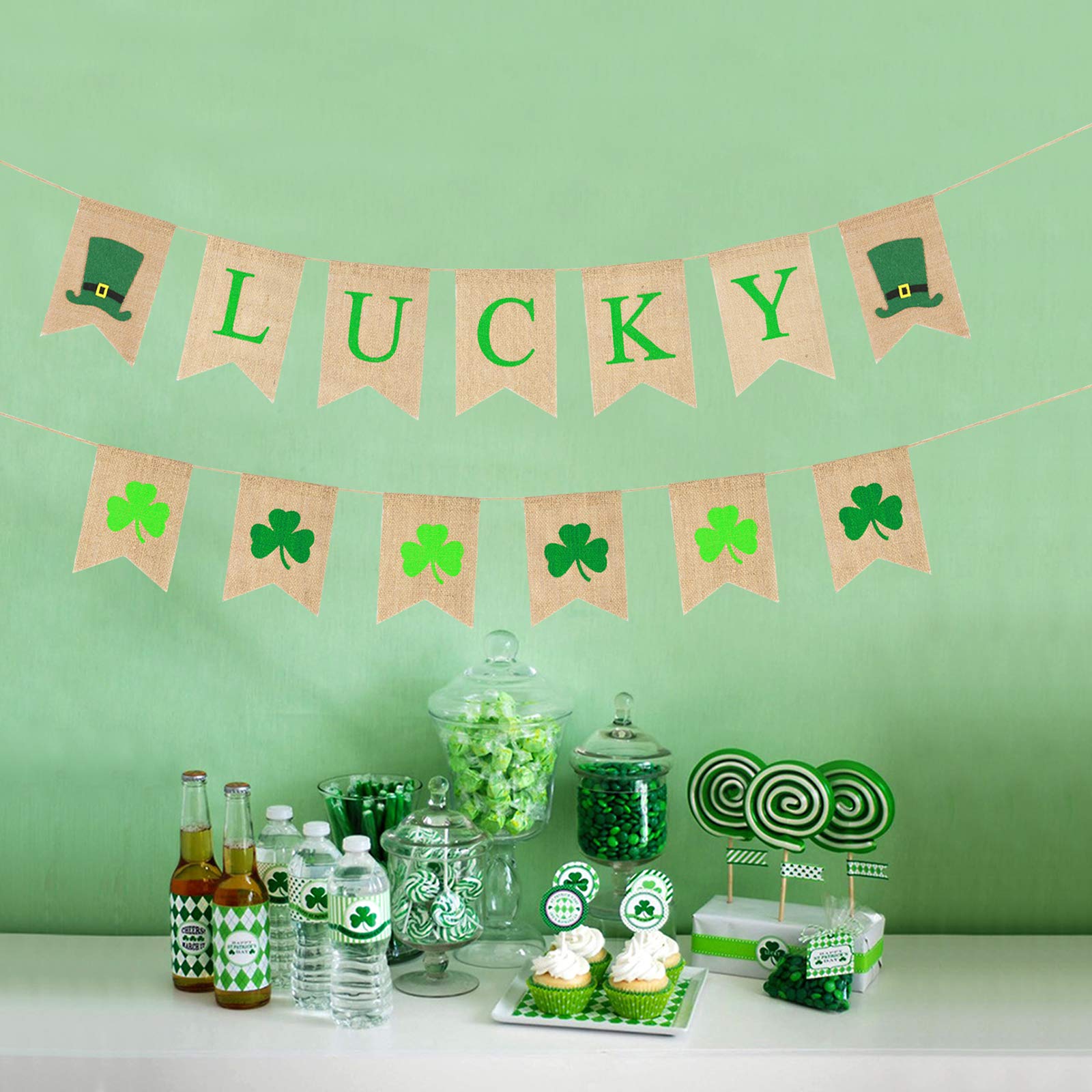ZERHOK St. Patrick\'s Lucky Banner with Clover Garland Rustic Burlap Irish Shamrock Bunting Swallowtail Flag for St Patrick\'s Day Decoration