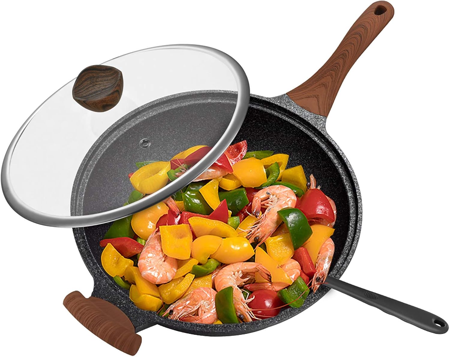 Wok pan carbon steel wok For electric Induction And gas stoves, 12.5 inch non-stick wok With wooden lid And spatula: Kitchen & Dining