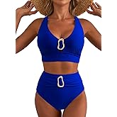 Herseas Women's High Waisted Bikini Sets Crisscross Back Swimsuit V Neck Metal Ring 2026 Summer Bathing Suit Beachwear