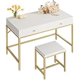 SUPERJARE 35.4" White and Gold Desk with 2 Drawers, Modern Makeup Vanity | Vanity with Padded Stool, Small Computer Desk Home Office Desk for Writing Study Bedroom