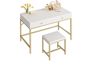 SUPERJARE 35.4" White and Gold Desk with 2 Drawers, Modern Makeup Vanity with Padded Stool, Small Computer Desk Home Office Desk for Writing Study Bedroom