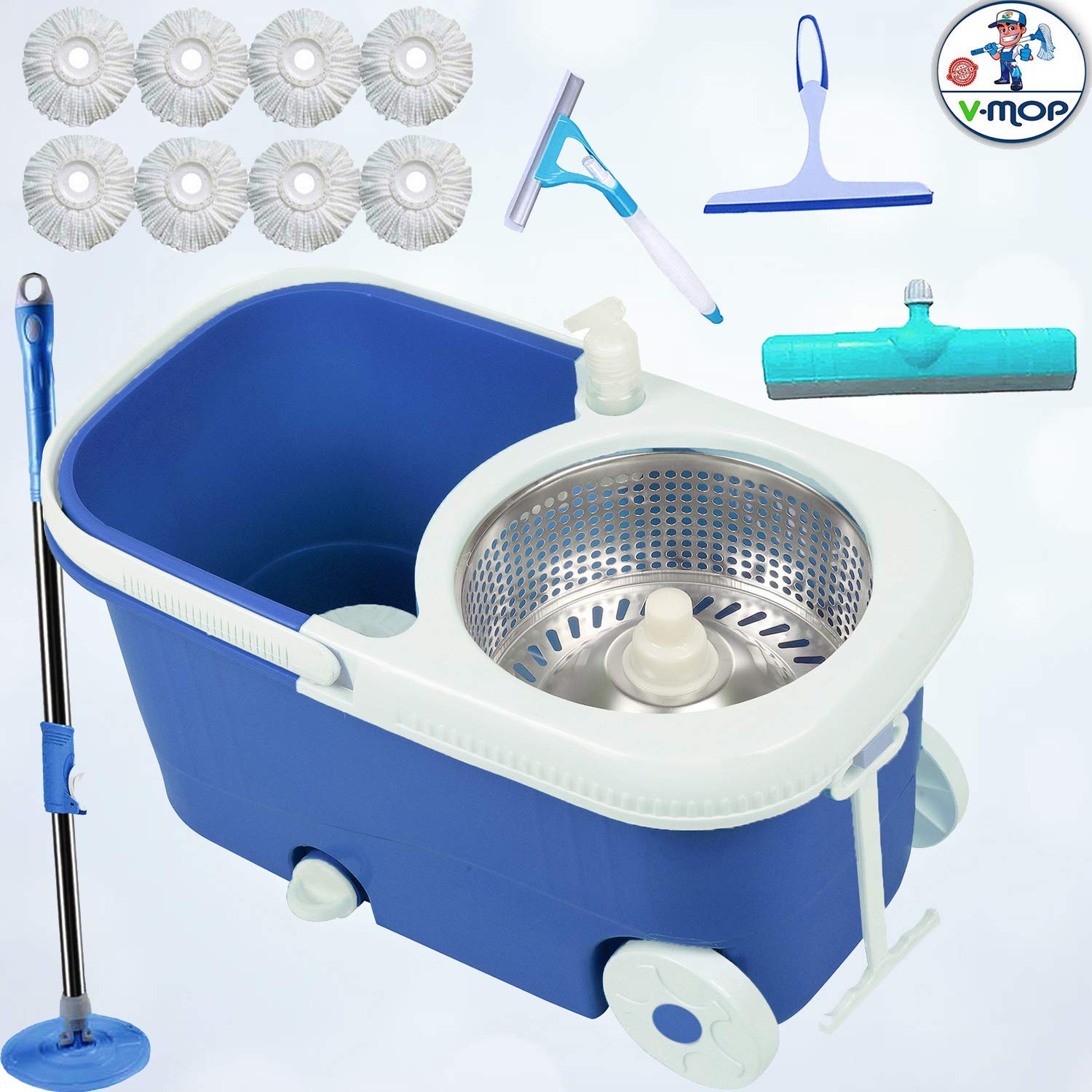 VMOP Eli Steel Mop with Rod, Floor, Glass, Spray Wiper, 8 Heads, Soap