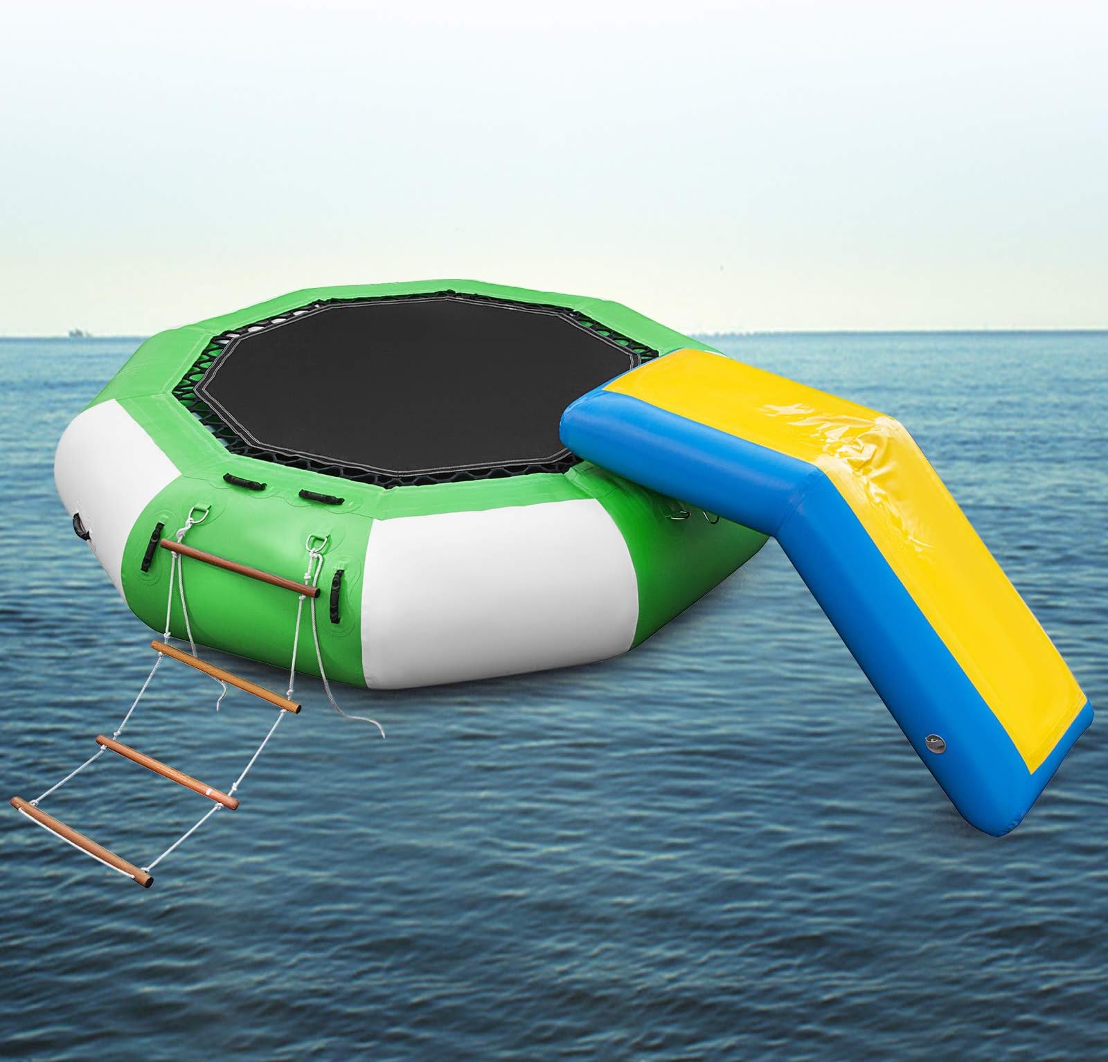 Popsport Inflatable Water Trampoline Series Splash Padded Water Bouncer Inflatable Bouncer Jump Water Trampoline Bounce Swim Platform for Water Sports (Green Slide 10Ft)
