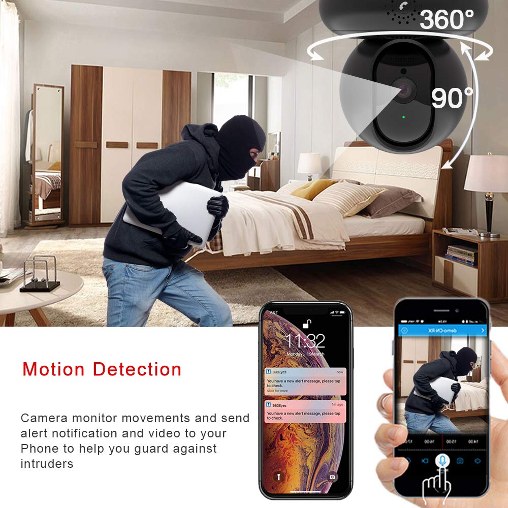 Indoor WiFi Camera, 360 Wireless Security Camera with Active Calling, 2.4ghz 1080P Night Vision WiFi IP Dome Cameras with 2 Way Audio for Home Security, Remote Surveillance Monitor for pet Dogs Black