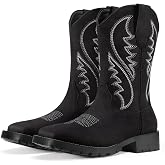 Rollda Men's Western Cowboy Boots Square Toe Chunky Heel Mid-Calf Boots | Western Embroidery, Synthetic Leather, Breathable Lining, Slip-Resistant Sole, Stable Heel, Pull-On, Easy Care, Versatile