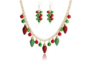 YAHPERN Christmas Necklaces For Women X-Mas Jingle Bell Light Bulbs Chunky Collar Necklaces Jingle Bell Drop Dangle Earrings Set Holiday Gift