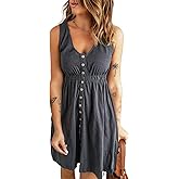 Acelitt Women Summer Casual Sleeveless Button Down Elastic Waist Swing Dresses, XS-2XL