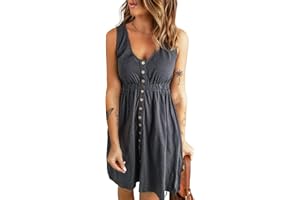 Acelitt Women Summer Casual Sleeveless Button Down Elastic Waist Swing Dresses, XS-2XL
