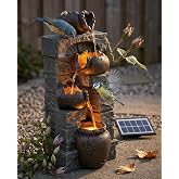 Warm Garden Solar Powered Water Fountain Outdoor, Vintage Cracked Pot &amp; Stone Waterfall Fountain with LED Lights, Relaxing Flowing Water Feature Landscape Decor for Garden, Patio, Yard