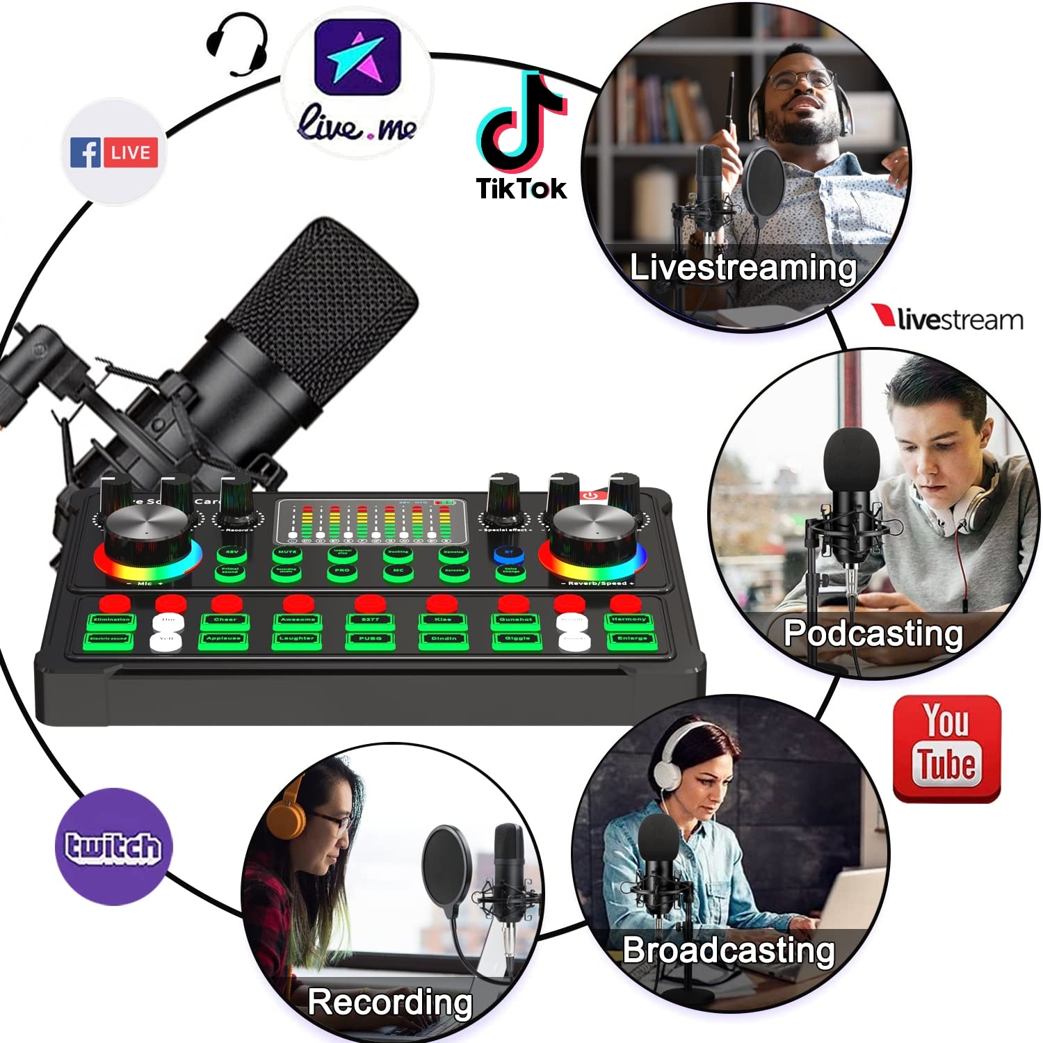 Podcast Equipment Bundle, 48V XLR Podcast Microphone Bundle, Voice Changer with Adjustable Mic Stand, Studio Condenser Microphone for Smartphone, PC, DJ, Video Recording, Streaming, Gaming and Singing