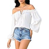 winkbay Women's Off The Shoulder Oversized Tops Ruffle Long Sleeve Tie Front Vacation Blouse