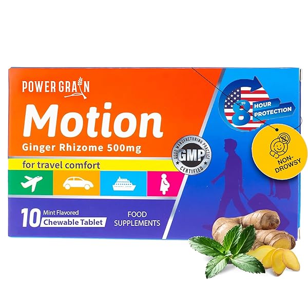 POWER GRAIN TRAVEL AND MOTION SICKNESS TABLETS – 500MG CHEWABLE GINGER RHIZOME TABLETS – NAUSEA AND VOMITING RELIEF – MINT FLAVORED – 10 TABLET
