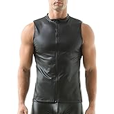 QiaTi Men's Faux Leather Vest Undershirt Mens Sleeveless Tank Top Zipper Stand Collar Shirt Muscle Waistcoats Fit Athletic