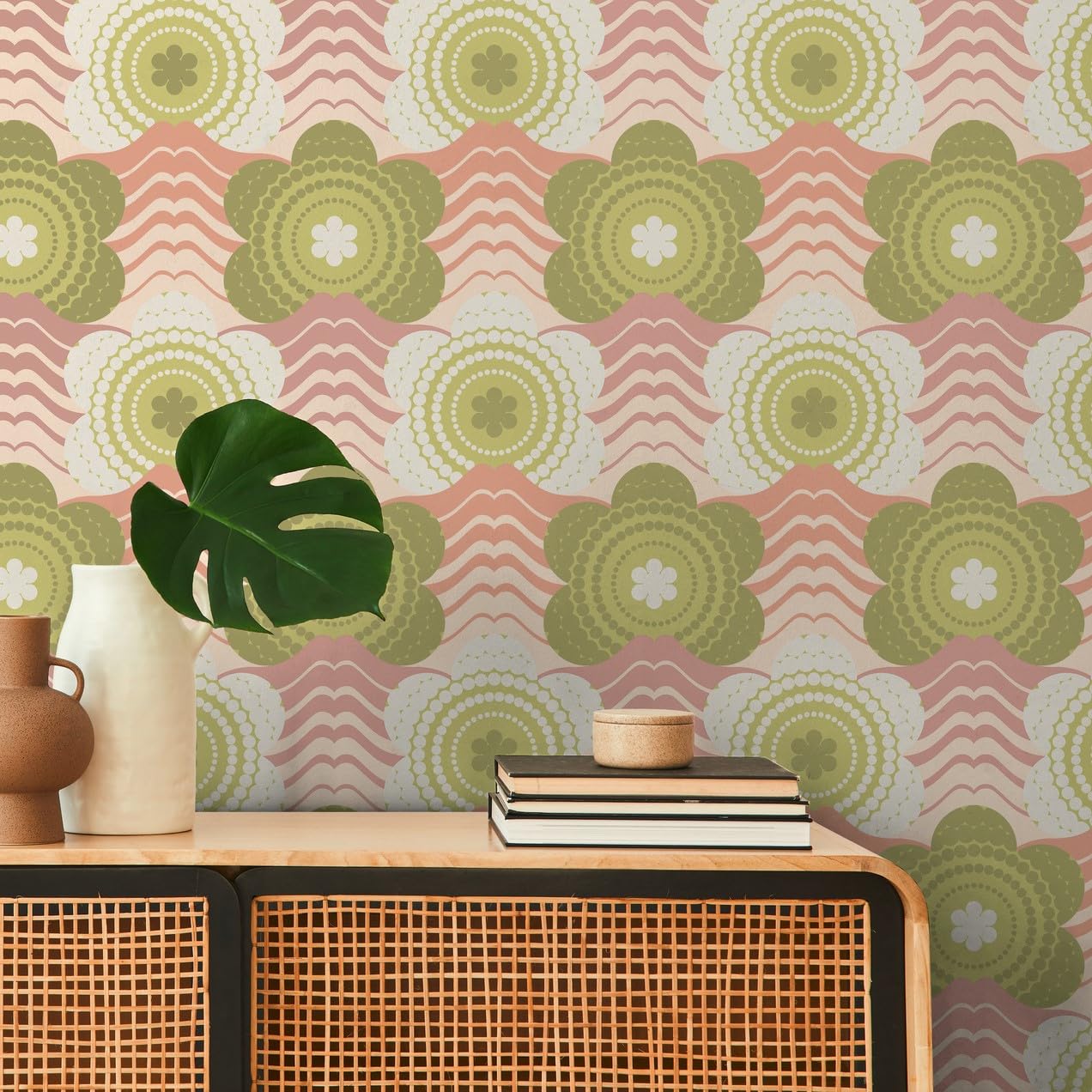 A.S. Création Retro 70's Floral Wave Wallpaper Pink/Green/Cream Retro Chic 395391 8.50m x 0.53m Paste The Wall