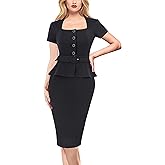 VFSHOW Womens 2024 Business Work Office Square Neck Belted Peplum Buttons Slim Bodycon Sheath Dress