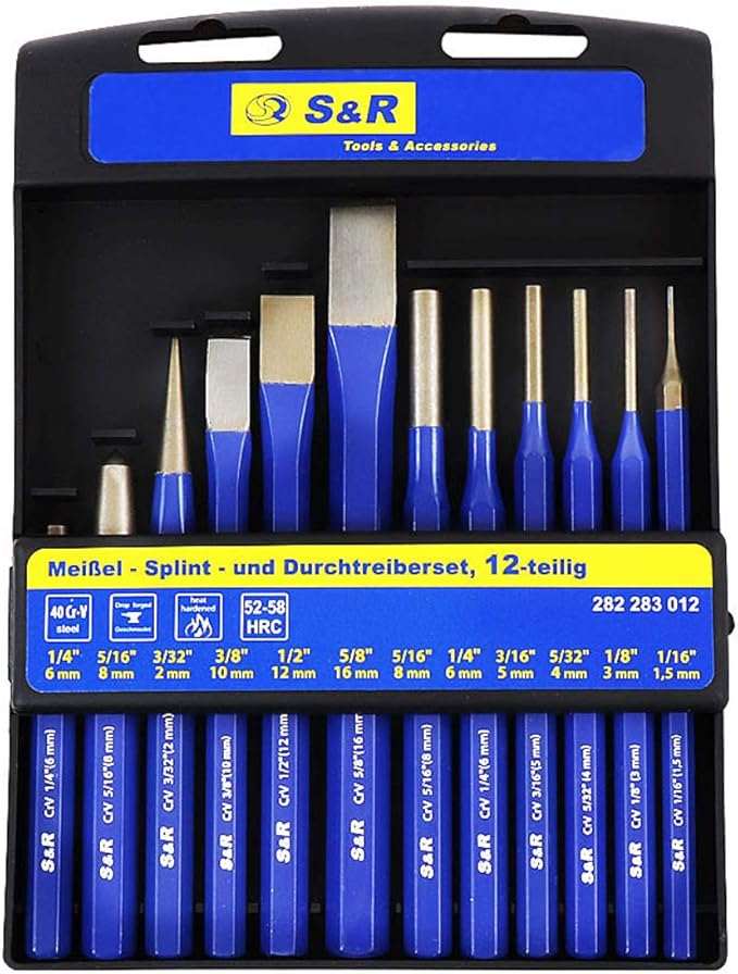 S&R Chisel, Pin Punch and Center Punch Set, 12Piece Set, Chrome