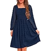 HOSIKA Girls Long Sleeve Dress Swiss Dot Square Neck Smocked Spring Dresses with Pockets 6-14 Years