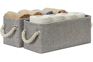 Temary Small Storage Baskets for Organizing, Narrow Baskets for Storage Toilet Paper Rolls, Fabric Baskets with Handles for Closets, Cabinets, Shelves (Grey, 15Lx6Wx5.5H Inches)