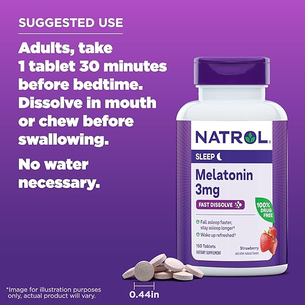 NATROL FAST DISSOLVE MELATONIN 3 MG, MELATONIN SUPPLEMENTS FOR RESTFUL SLEEP, SLEEP SUPPORT FOR ADULTS, 150 STRAWBERRY-FLAVORED TABLETS, UP TO A 150 DAY SUPPLY