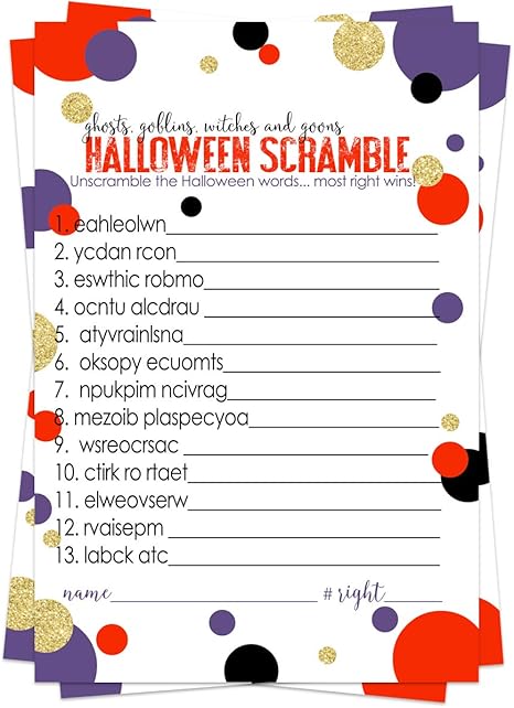 Amazon Com Halloween Party Games 25 Cards Word Scramble Pack Unscramble The List Fun Activity For Kids Adults Groups Pumpkin Baby Shower Festive Fall Celebrations Kitchen Dining
