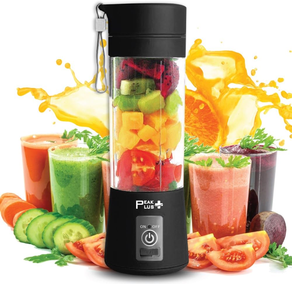 Portable Blender Cup Electric Juicer, Travel Blender, Portable Blender For Shakes and Smoothies, Small Fruit Juicer, 6 Blades, 380ml (Black) with Protective Sleeve
