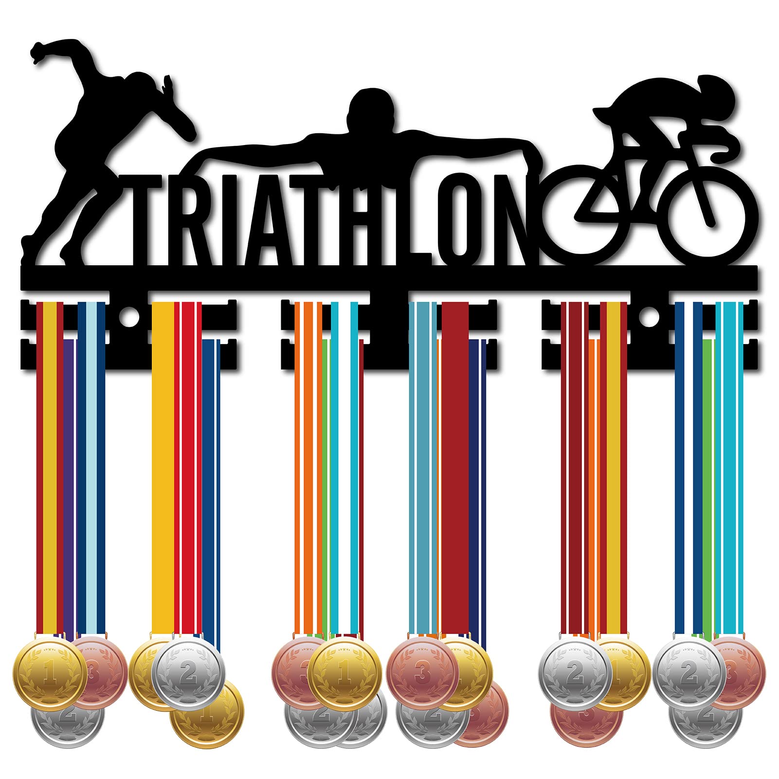 CREATCABIN Triathlon Medal Holder Sport Medal Hanger Medal Rack Acrylic Display Wall Rack Mounted over 40 Medals for Swimming Bicycle Running Athletes Champions Medalist Black 11.4x5.1Inch