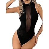 Milumia Women's Sleeveless Sheer Mesh Bodysuit Mock Neck Cut Out See Through Tank Top