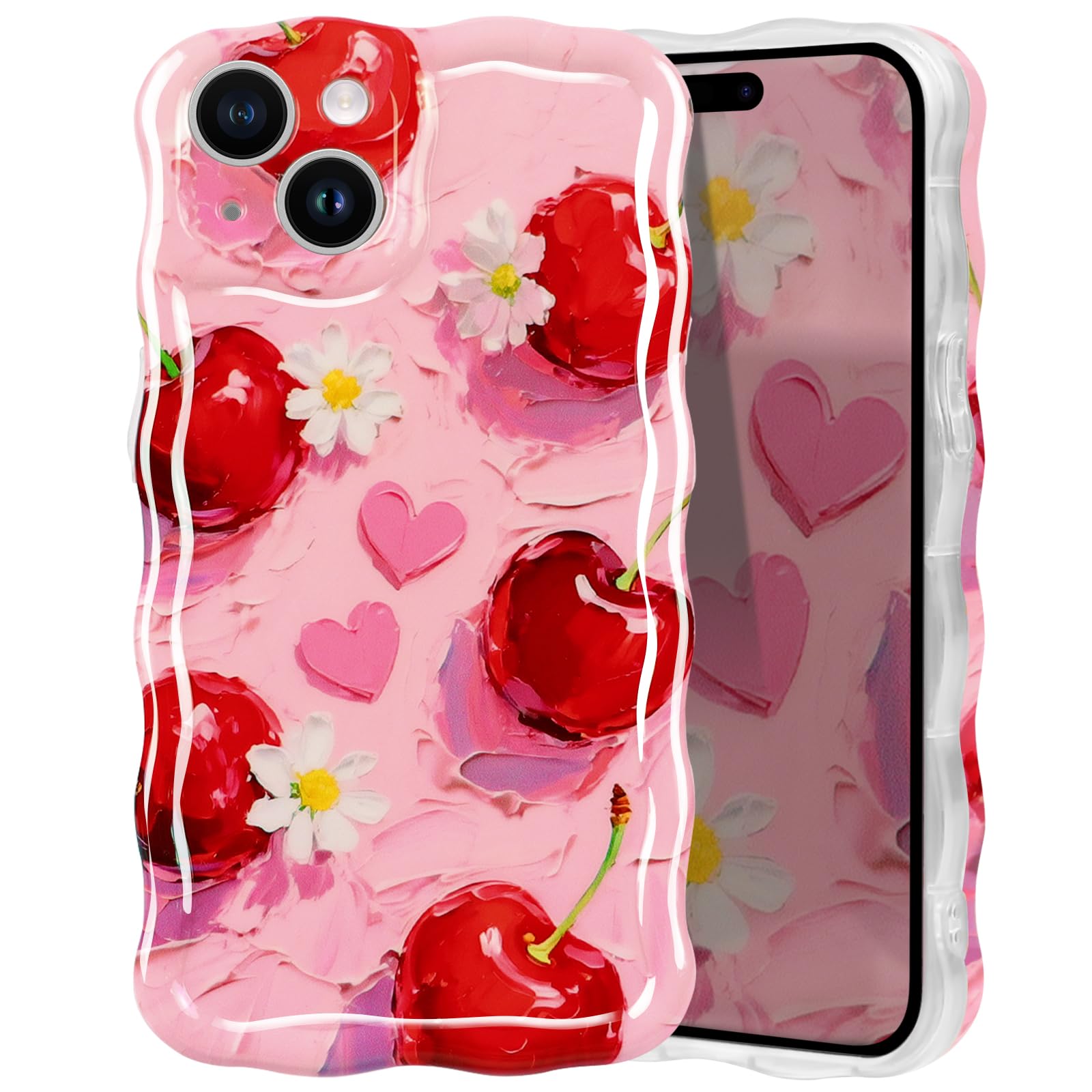 Lovmooful Compatible for iPhone 15 Plus Case Cute Colorful Retro Oil Painting Flower Floral with Laser Glossy Curly Wave for Girls Women Soft TPU Shockproof Protective Girly-Cherry&Heart
