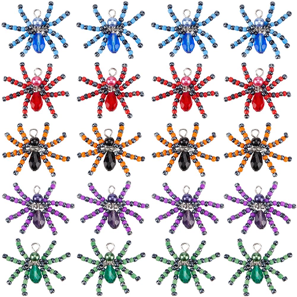 SUNNYCLUE 1 Box 20Pcs Spider Charms Colorful Halloween Glass Charm Bulk Assorted Red Green Blue Crystal Animal Spiders Gemstone Beaded Seed Beads Charm for jewellery Making Charms Supplies DIY Crafts