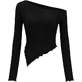Zenlonr Womens Long Sleeve Shirts Fall Outfits 2025 Off The Shoulder Tops Asymmetrical Fitted Knit T Shirts Going Out Tops