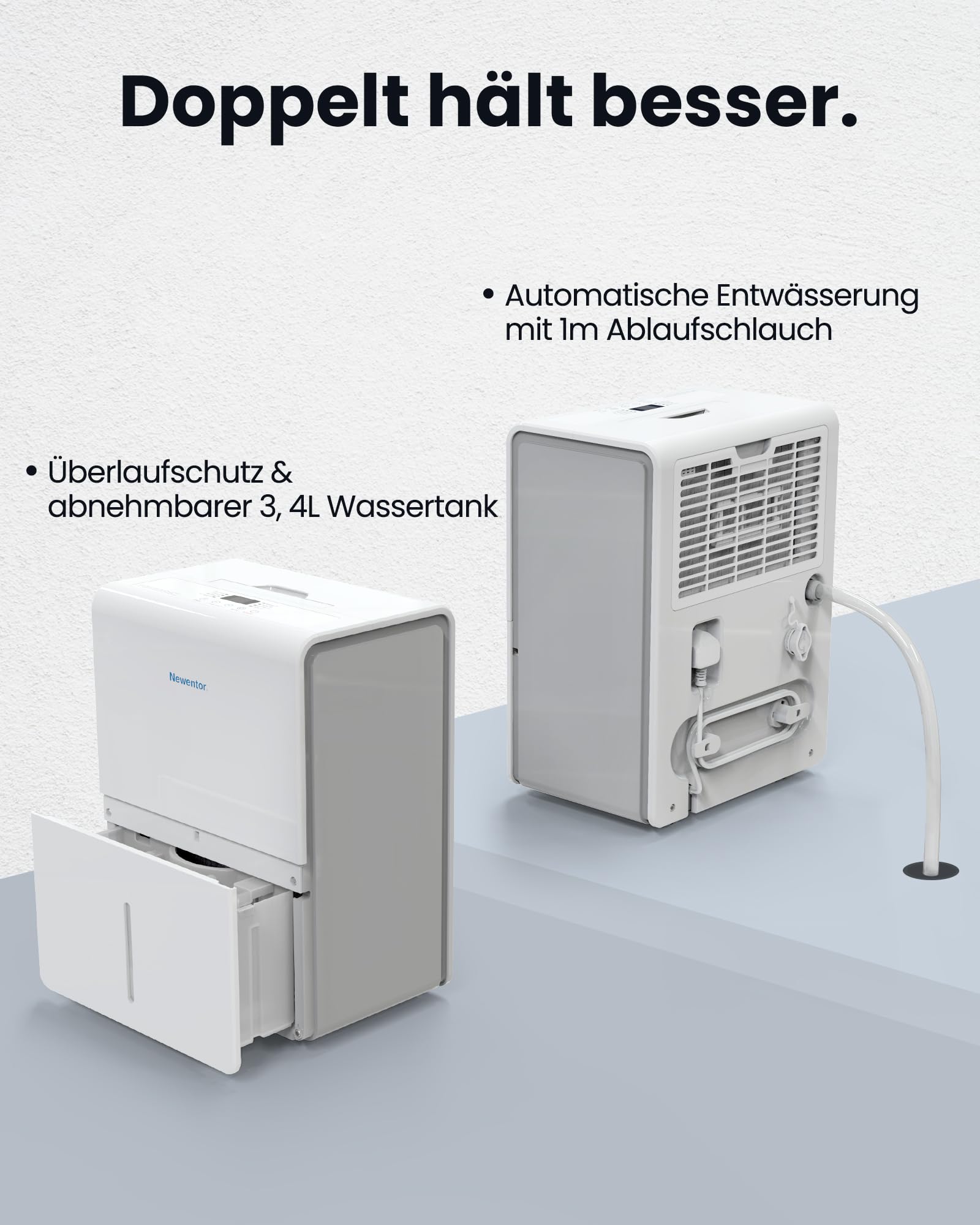 Newentor Luftentfeuchter 25L/24h, Für 215m³/80m² Räume - 3 fache Geräuschreduktion - Stromsparender Chip - Einfache Bedienung - 10 J. Gar. - Mit 1M Ablaufschlauch&Abnehmbarem Filter, Timer 7