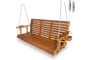 FORTUNE CANDY Wooden Porch Swing 2-Seater, Bench Swing with Cupholders, Hanging Chains and 7mm Springs, Heavy Duty 800 LBS, for Outdoor Patio Garden (Warm Teak Color, 5 FT Extra Large)