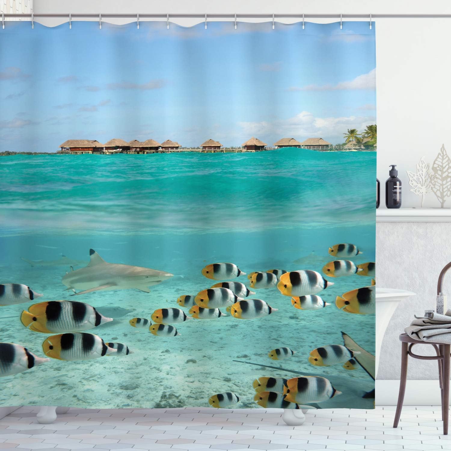 Ambesonne Ocean Shower Curtain, Blacktip Reef Shark Chasing Butterfly Fish Lagoon of Bora Bora Tahiti, Cloth Fabric Bathroom Decor Set with Hooks, 75" Long, Yellow Black