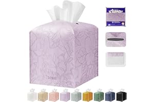 PARIERIS Tissue Box Holder Cover Square Tissue Cube Cover PU Leather Tissue Organizer with Bottom Belt for Bathroom, Tabletop, Kitchen, Night Stands, Office, Home, Car (1, Lightpurple)
