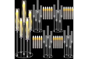FOLDTIER 4 Sets 5 Arm Acrylic Candelabra Clear Candle Holder for Wedding 27inch Tall Floor Candle Holders with LED Candles and Shade for Christmas Party Fireplace Valentine's Day Decoration