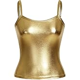 WDIRARA Women's Metallic Faux Leather Camisole Tops Spaghetti Strap Cami Top Rave Clubwear