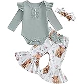 MERSARIPHY Western Baby Girl Clothes Newborn Rib Knit Ruffle Romper Bodysuit Bell-Bottom Pant Set Infant Fall Winter Outfits