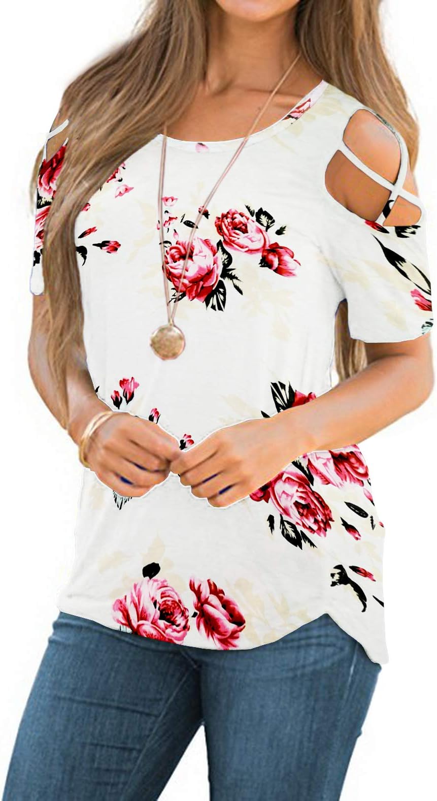 Women Short Sleeve Strappy Cold Shoulder T-Shirt Tops Blouses