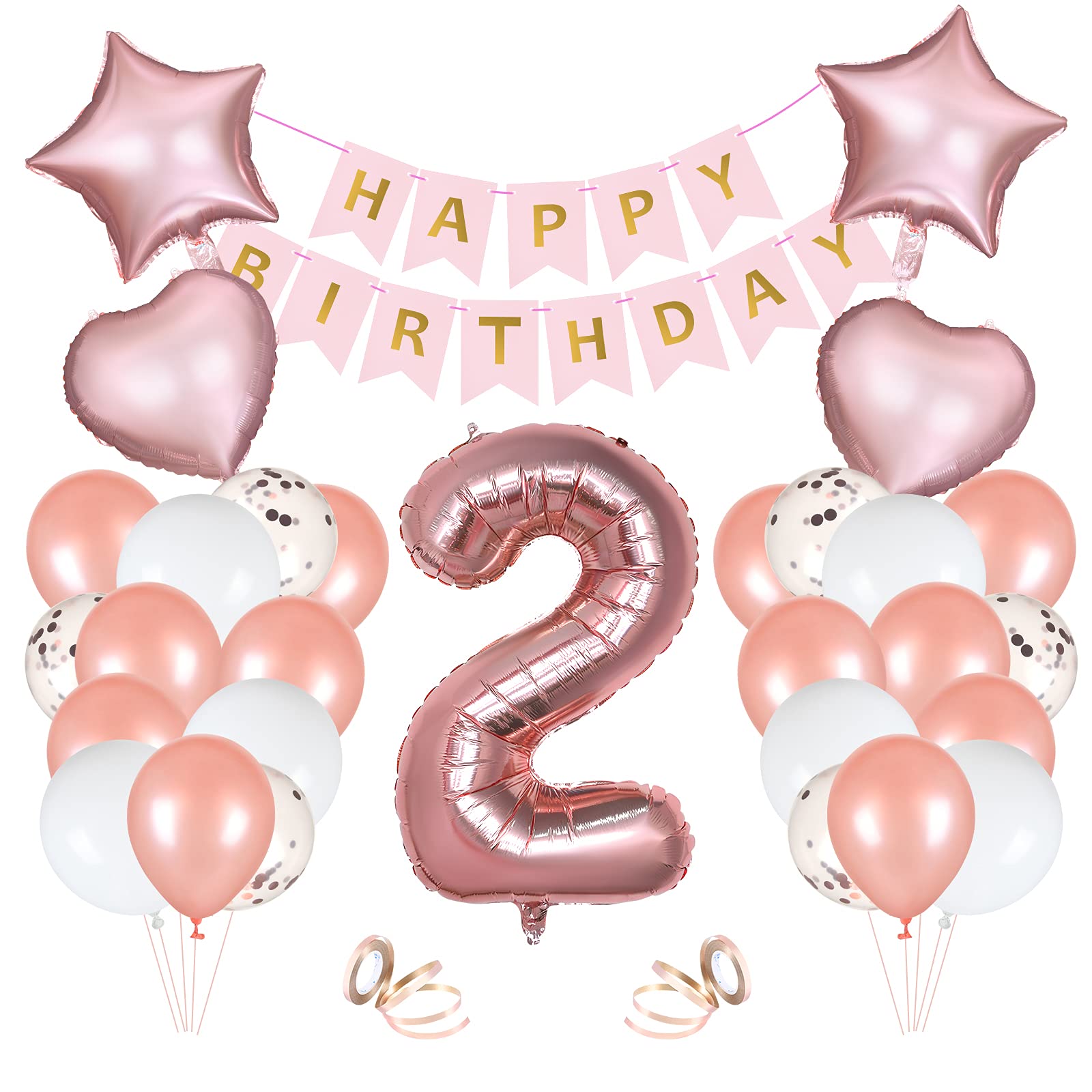 Vicloon 2nd Birthday Party Decoration, Happy Birthday Banner Rose Gold Decoration Pack Boys Girls, Number 2 Balloon Latex and Foil Balloons for Anniversary Wedding