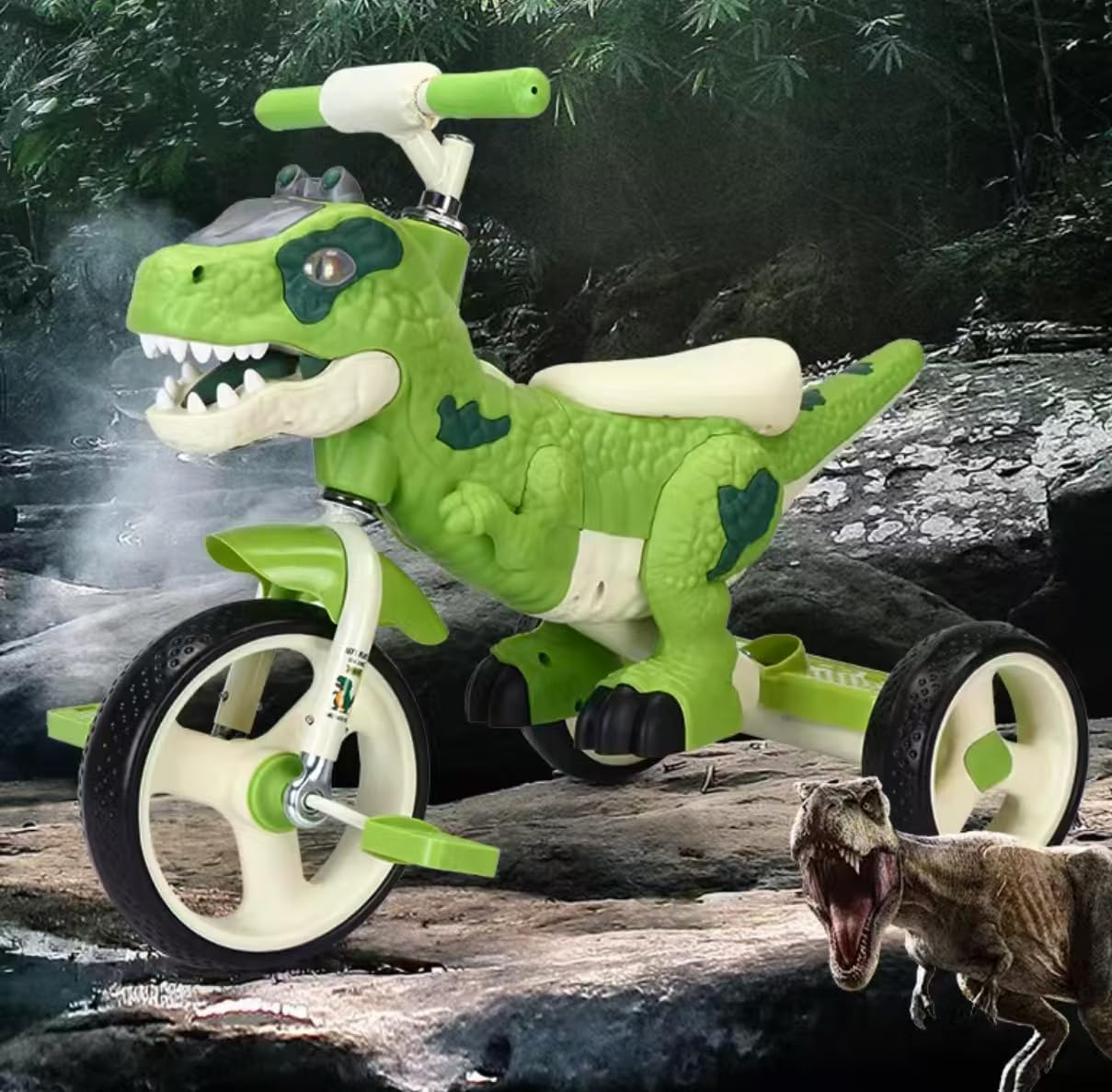 Dinosaur Kids Tricycle for Rider- Toddlers Kid Trike Bike Big Wheel with Music, Storage Basket,Indoor/Outdoor Preschool Daycare Kids Bike,Best Gift for 3-7 Year Old Girls & Boys (Green)