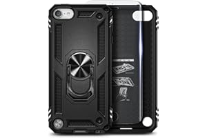 NZND Case for iPod Touch 7, iPod Touch 5/6 with Tempered Glass Screen Protector, Metal Magnetic Ring Stand Holder, Full-Body Military Shockproof Protective Heavy Duty Case (Black)
