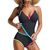 Blooming Jelly Womens Tummy Control Tankini Swimsuits Color Block Bathing Suit V Neck Two Piece Swimwear with Shorts